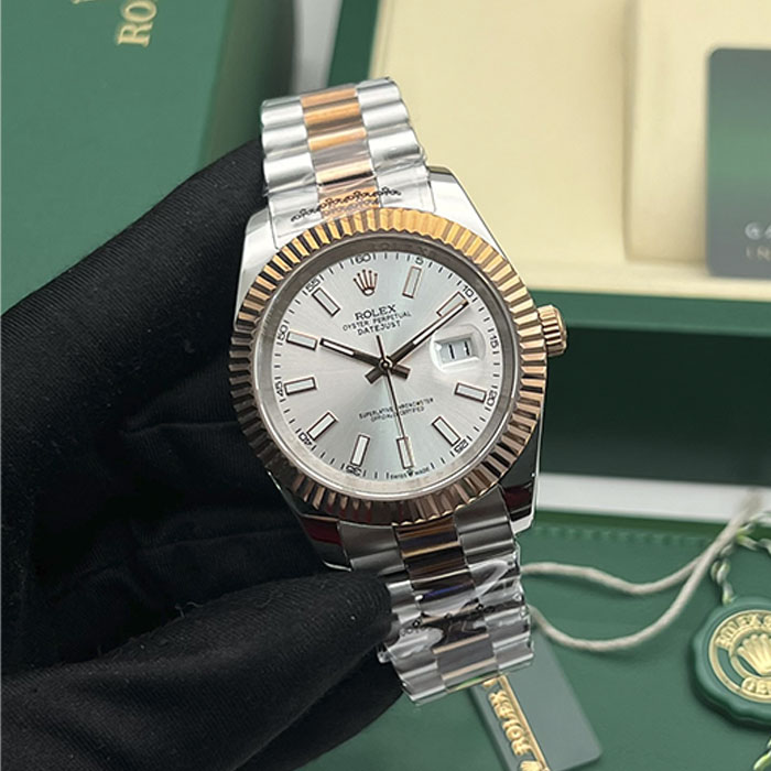 Réplica AAA de reloj Rolex Datejust 41 bicolor en acero y oro rosa con esfera plata.