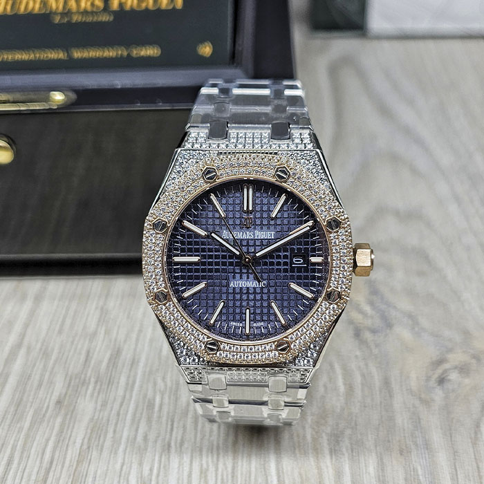 Comprar réplica AAA reloj Audemars Piguet Royal Oak Iced en acero y oro rosa con esfera azul.