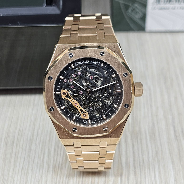 Venta de réplica AAA reloj Audemars Piguet Royal Oak Openworked en oro rosa con esfera esqueleto.