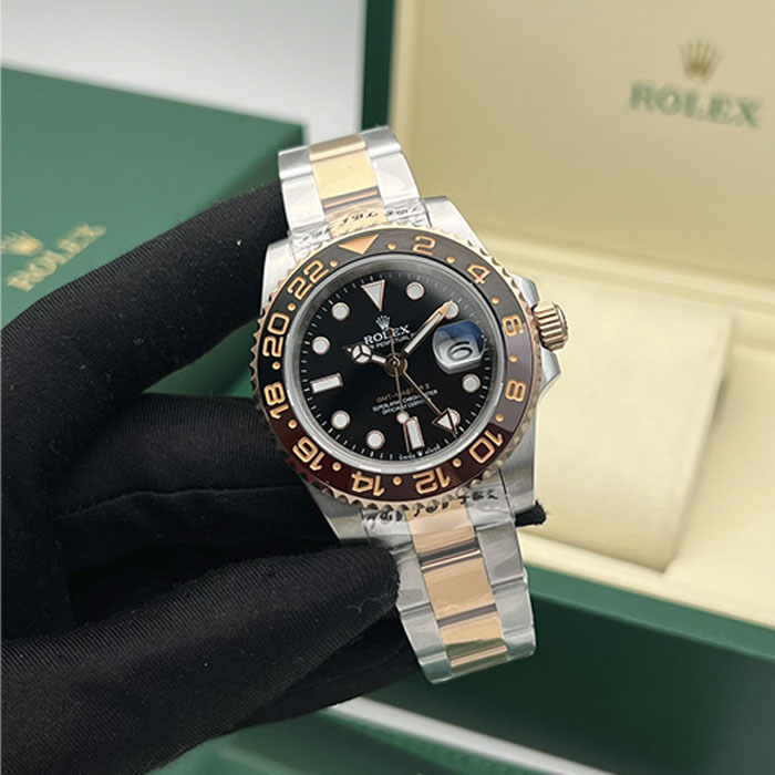 Venta de réplica AAA reloj Rolex GMT-Master II Root Beer bicolor acero y oro rosa con bisel café y negro.