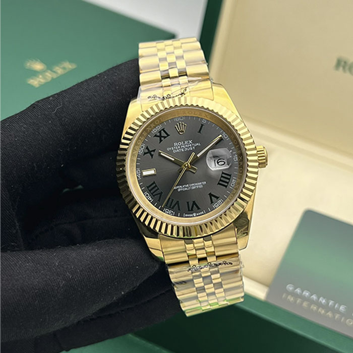 Réplica AAA reloj Rolex Datejust 41 en total oro amarillo con esfera gris y números romanos en oferta.