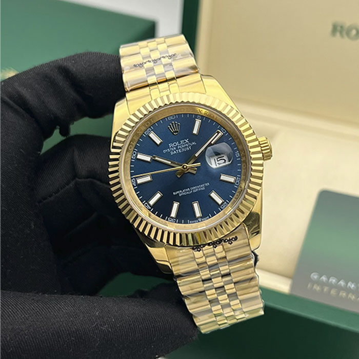 Venta de réplica AAA reloj Rolex Datejust 41 en total oro amarillo con esfera azul cobalto y brazalete Jubilee.