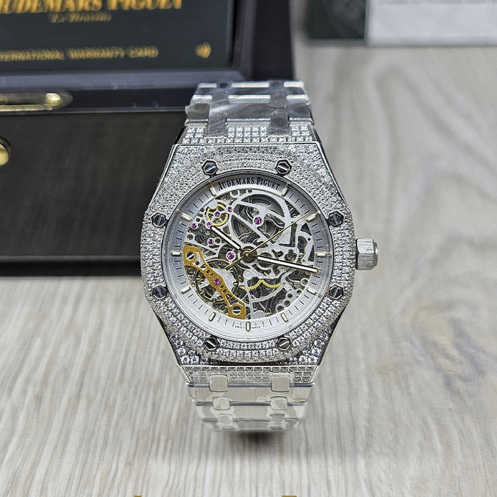 Venta de réplica AAA reloj Audemars Piguet Royal Oak Openworked Iced con dial esqueleto plata.