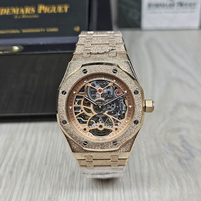 Venta de réplica AAA reloj Audemars Piguet Royal Oak Frosted Gold en oro rosa con carátula esqueleto.