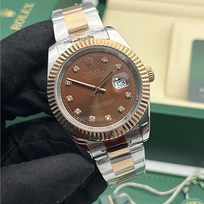 Venta de réplica AAA reloj Rolex Datejust 41 bicolor acero y oro rosa con esfera café chocolate y diamantes.